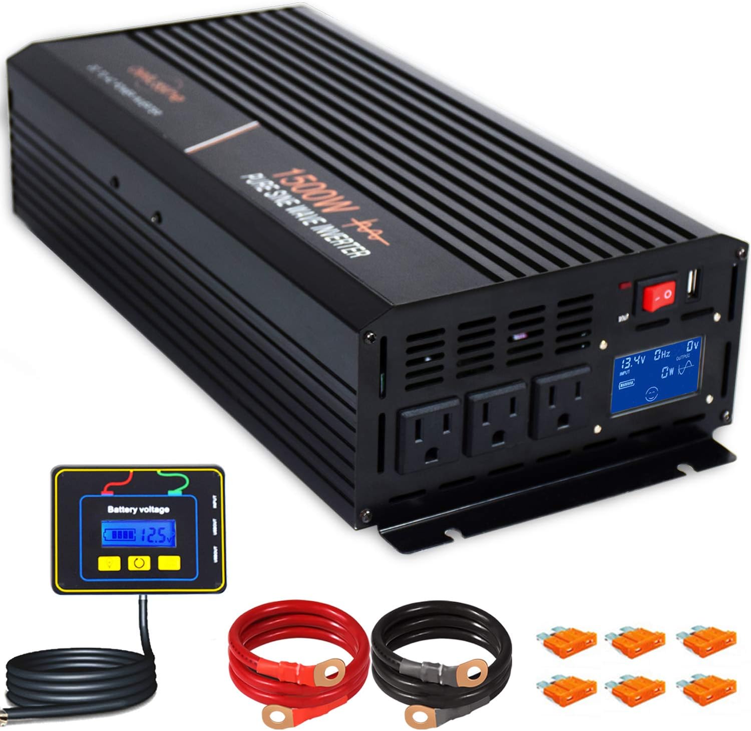 1500 Watt Pure Sine Wave Power Inverter 24V DC to AC 110V 120V with LCD Display and Remote Switch K266