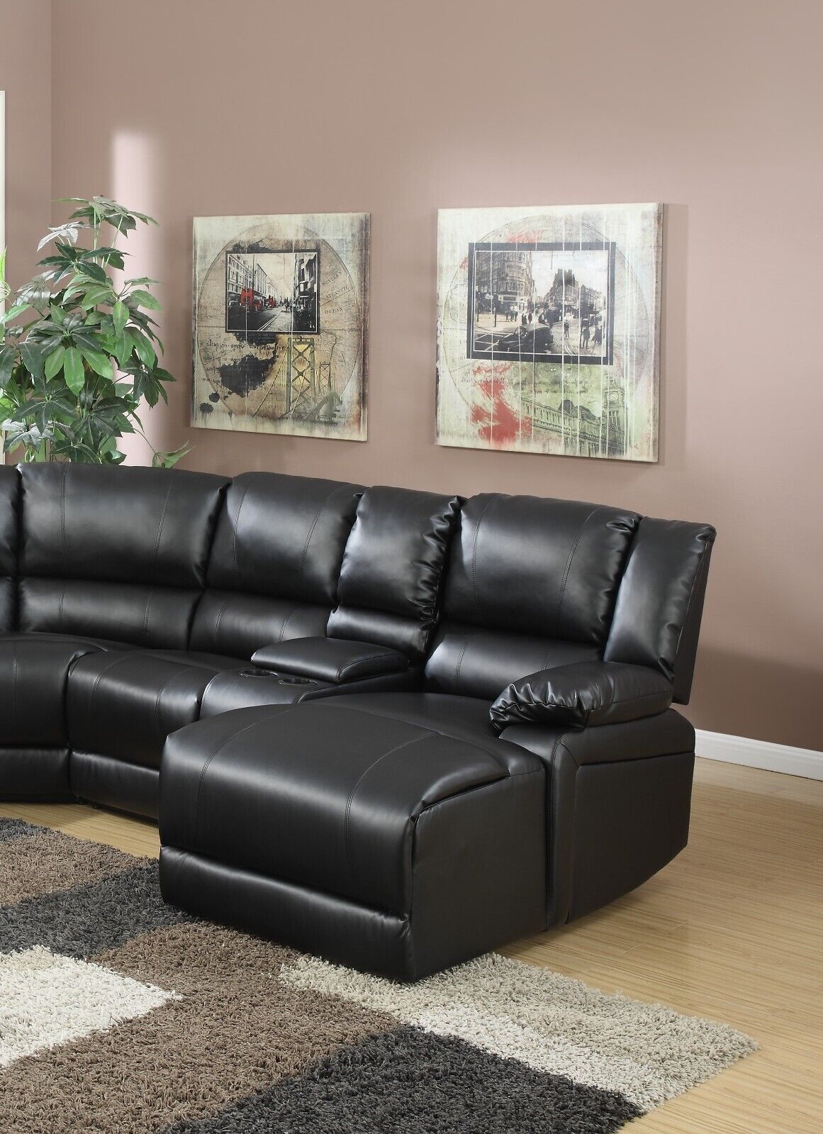 Black Bonded Leather Sectional Sofa with Cup Holder X197251