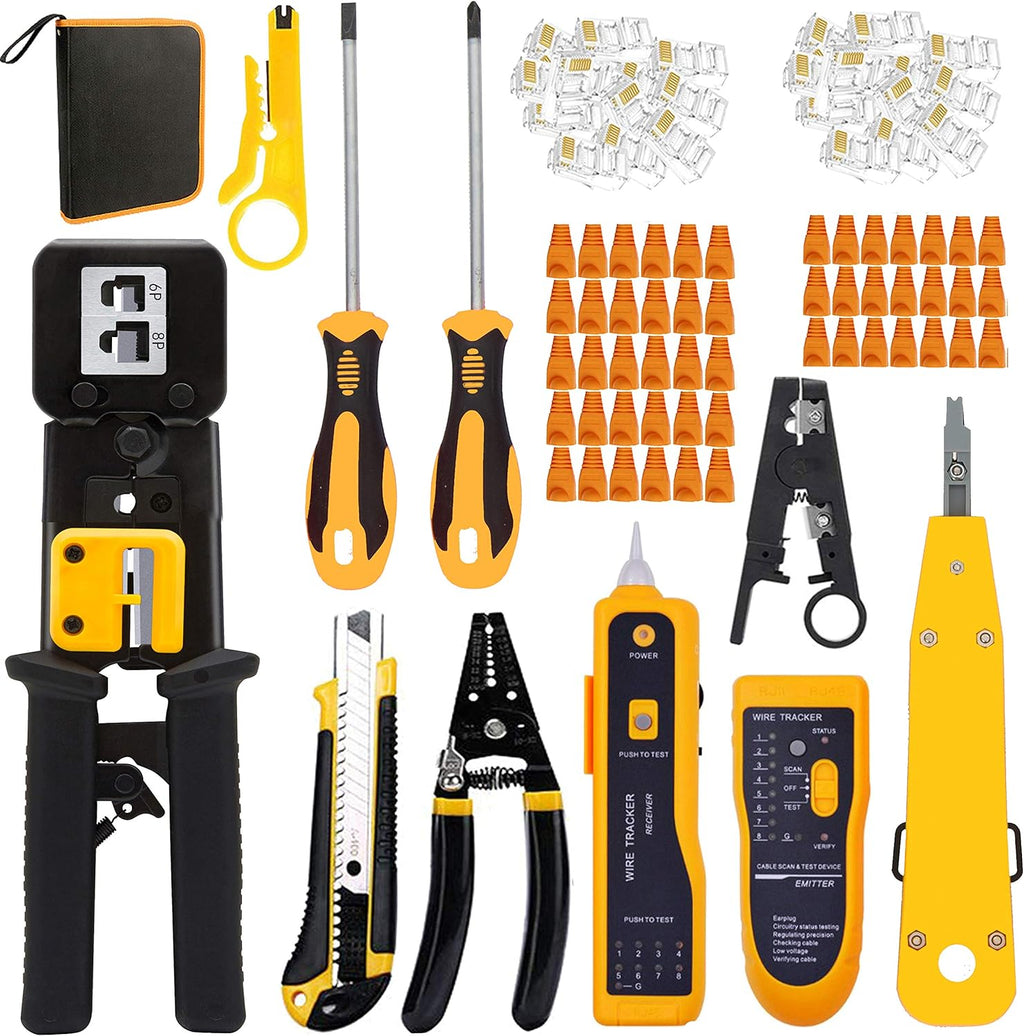 RJ45 Crimper Cat5/Cat5e/Cat6 Tool Set with 50PCS Connectors, 50PCS Covers Network Wire Stripper Kit (Dark) Pack of 2 V90727