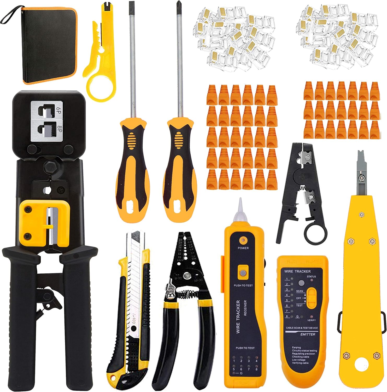 RJ45 Crimper Cat5/Cat5e/Cat6 Tool Set with 50PCS Connectors, 50PCS Covers Network Wire Stripper Kit (Dark) Pack of 2 V90727