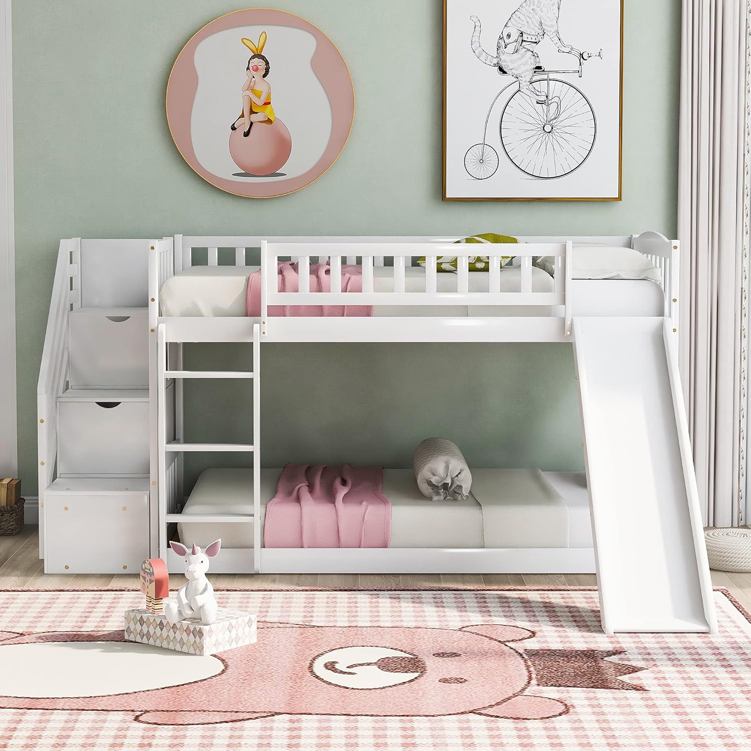 Twin Over Twin Bunk Beds with Slide and Staircase (White) X32468