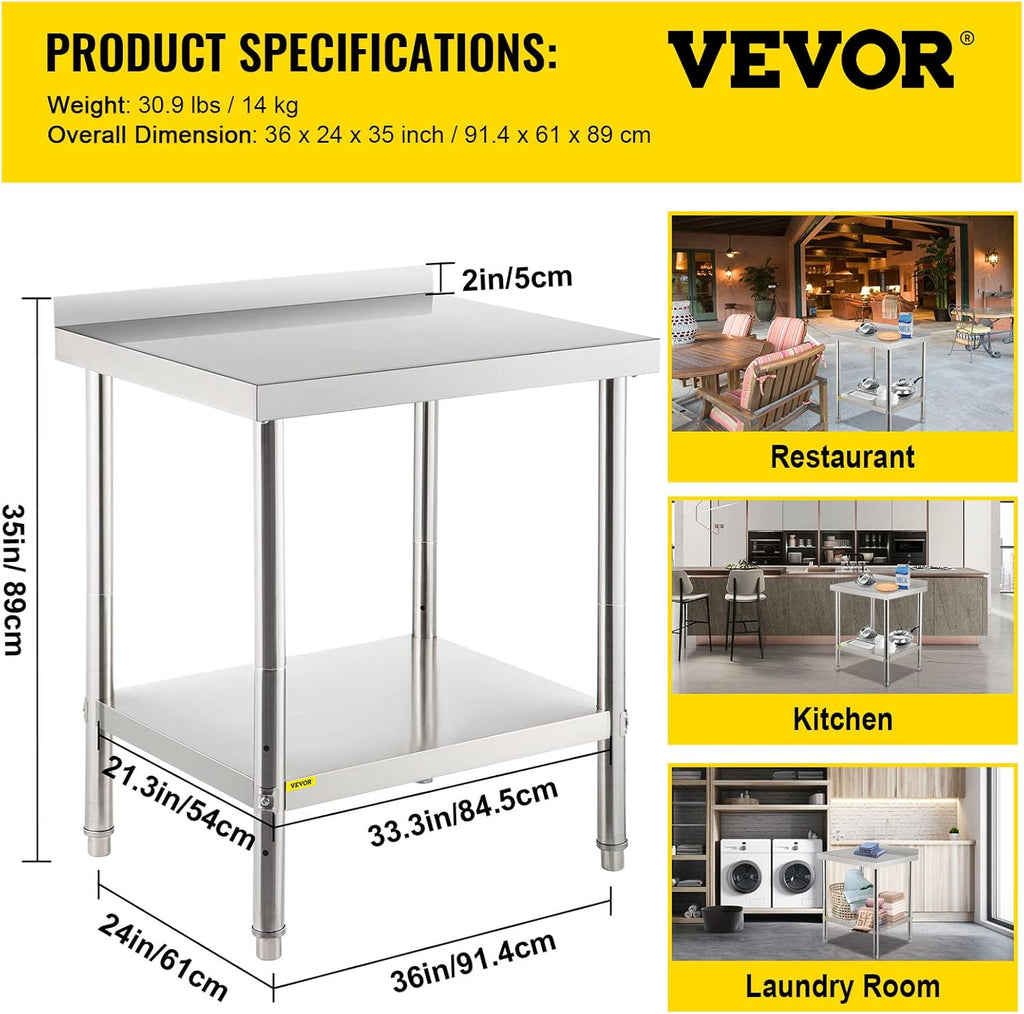 Stainless Steel Prep Table with Backsplash and Adjustable Undershelf V83254