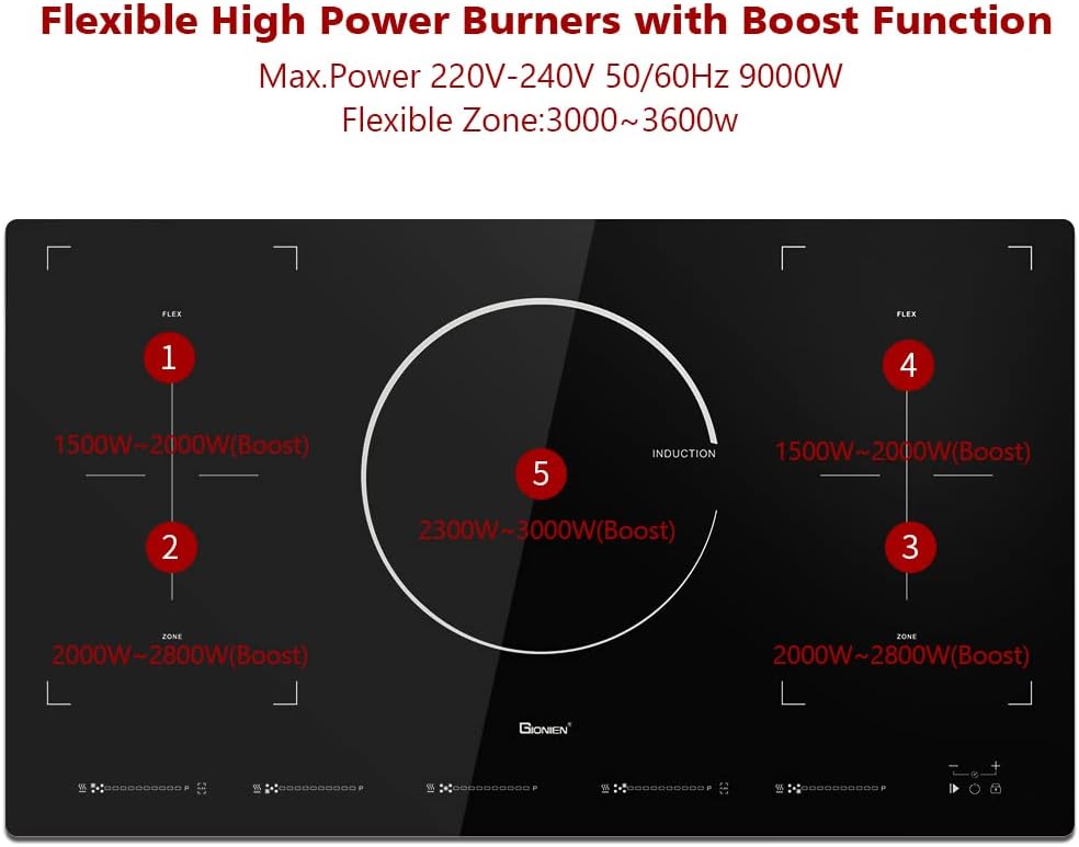 Induction Cooktop 36 inch Built-in 5 Boost Burners Electric Stove 9000W 220V~240V L1040