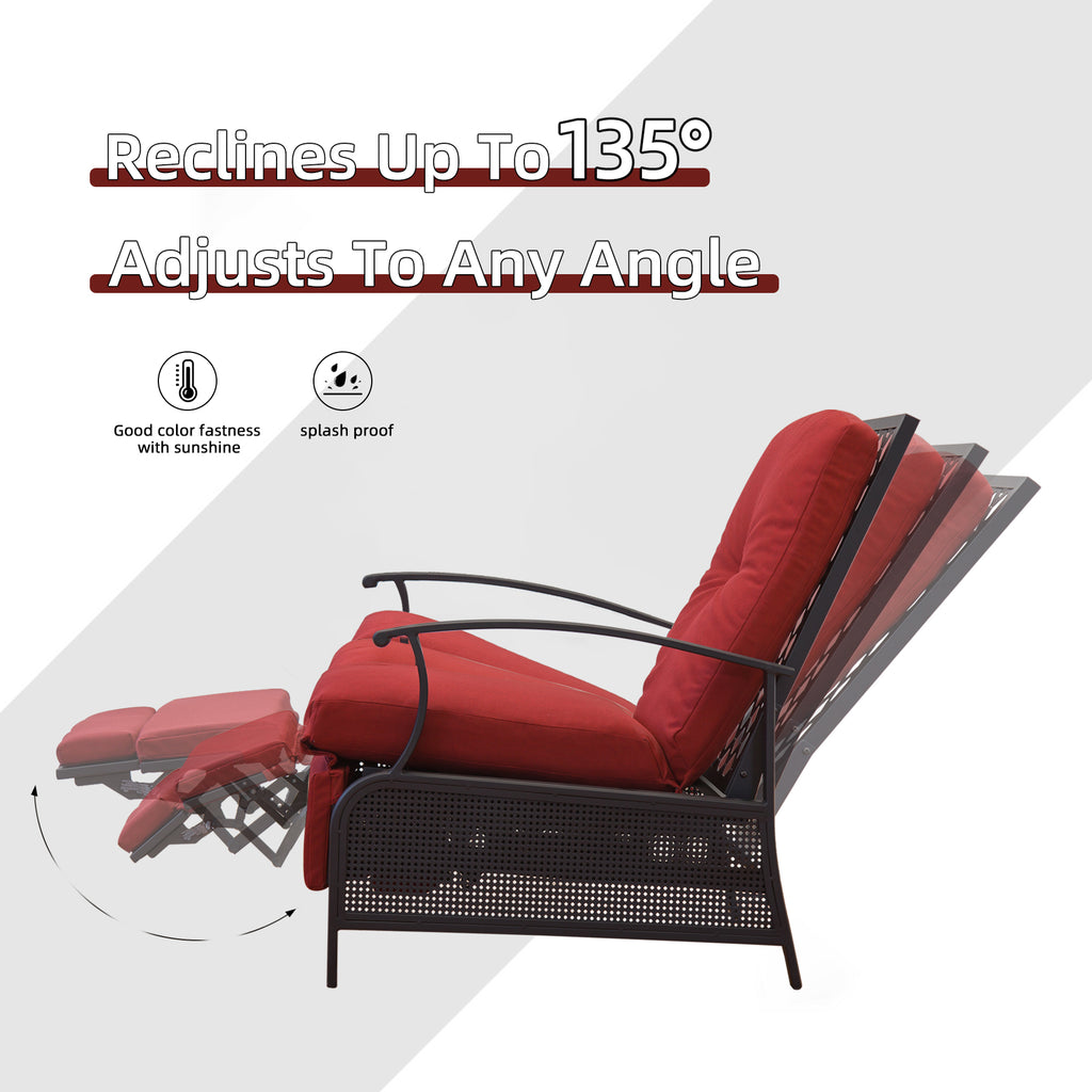 Adjustable Patio Recliner Chair Metal with Removable Cushions (Red) K531