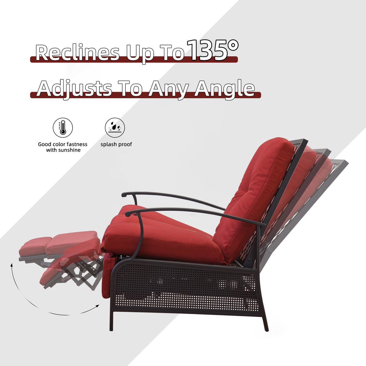 Adjustable Patio Recliner Chair Metal with Removable Cushions (Red) K531