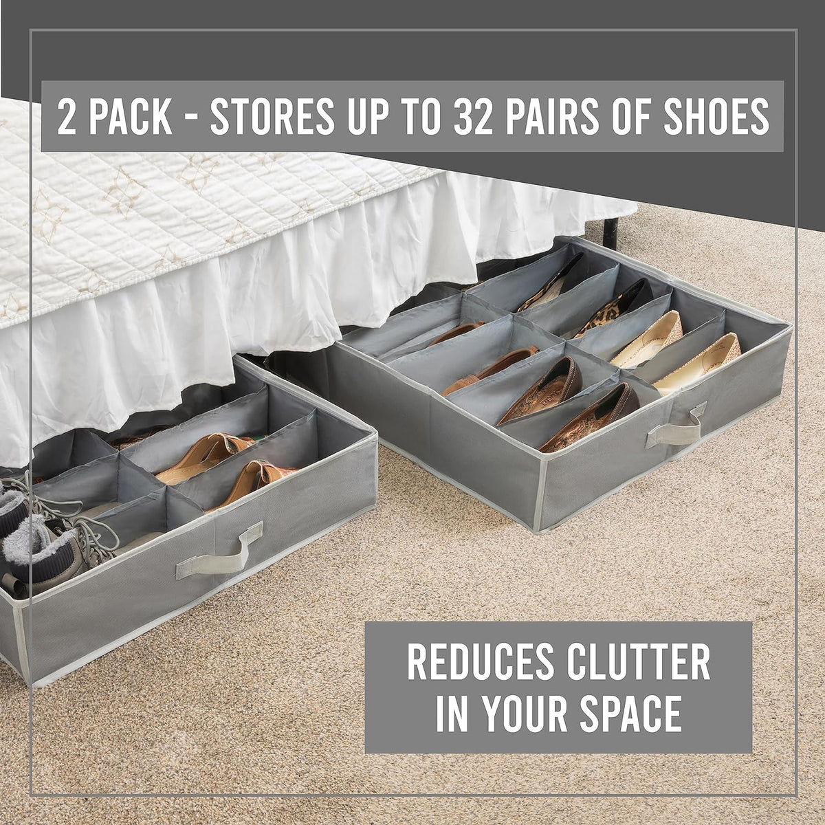 Extra Large Underbed Shoe Storage Organizer, Set of 2 Gray V4464