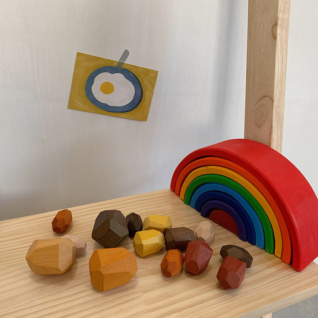 15 Pcs Wooden Colored Stone Stacking Game Building Block F460457