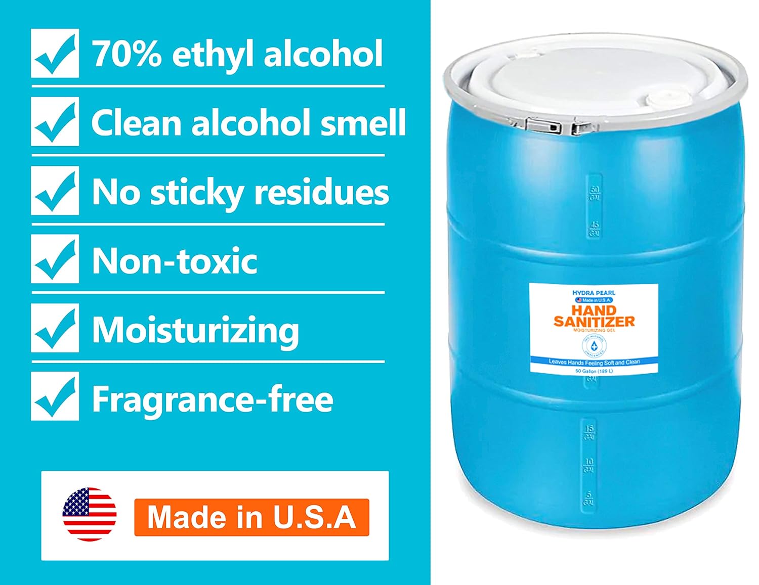Hydra Pearl Hand Sanitizer Gel - 70% Alcohol - Unscented - 50 Gallon (189 L) With Drum Pump F349