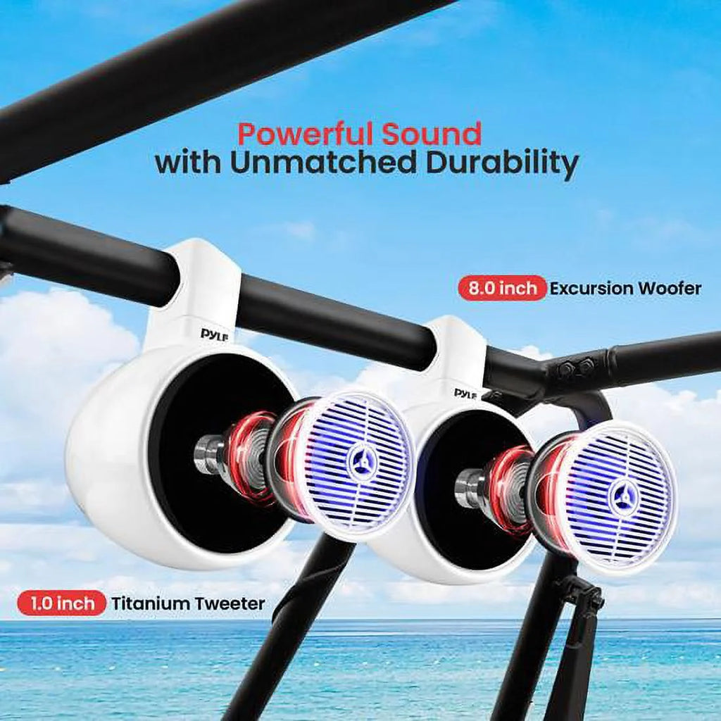 White 8” 300W 2-Way Marine Wakeboard Tower Speaker with LED Light and Brackets N791