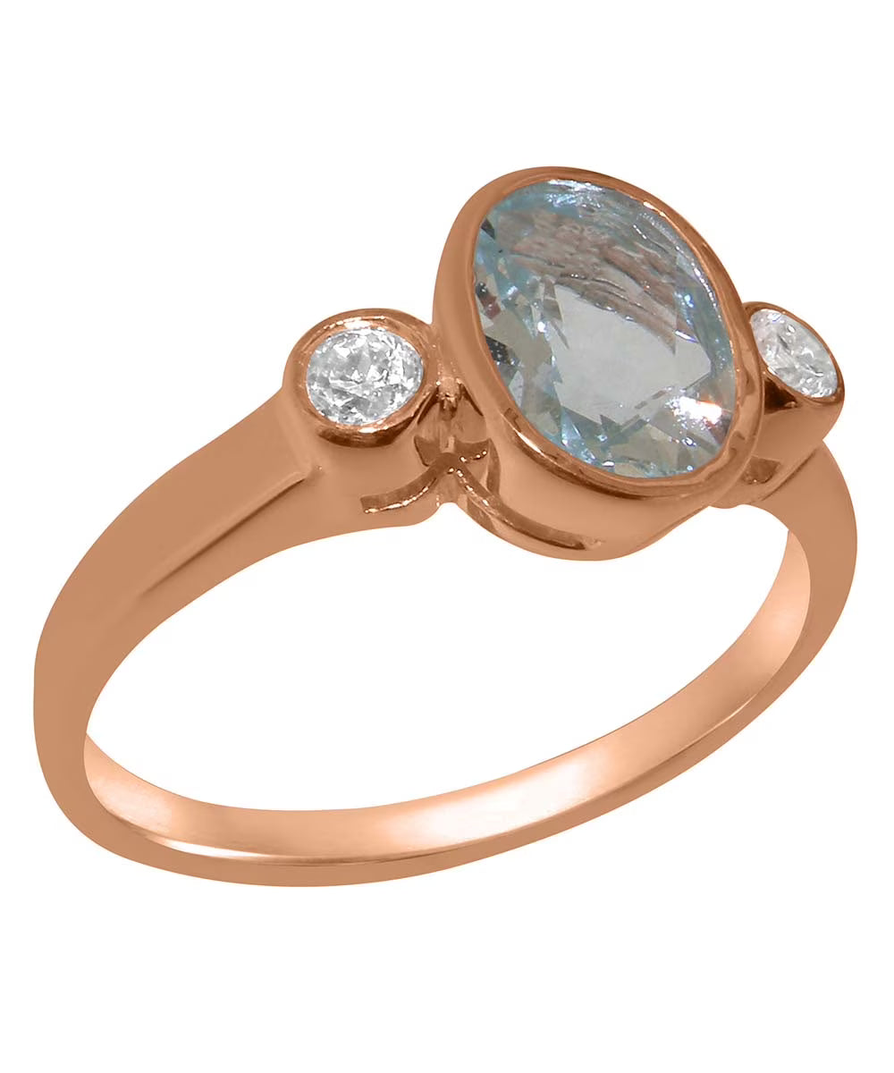 9k Rose Gold Genuine Natural Aquamarine & Diamond Womens Statement Ring F253