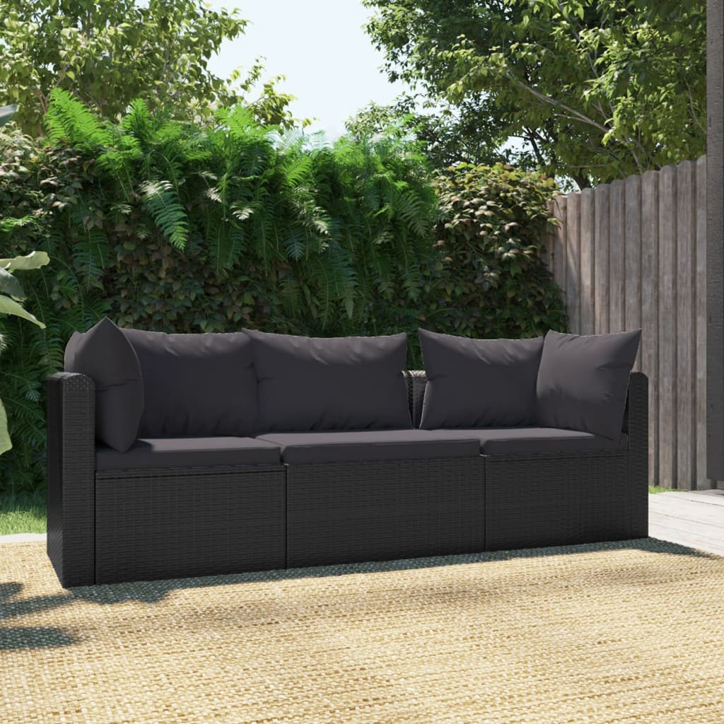 Black Poly Rattan 3 Piece Patio Sofa Set with Cushions V892
