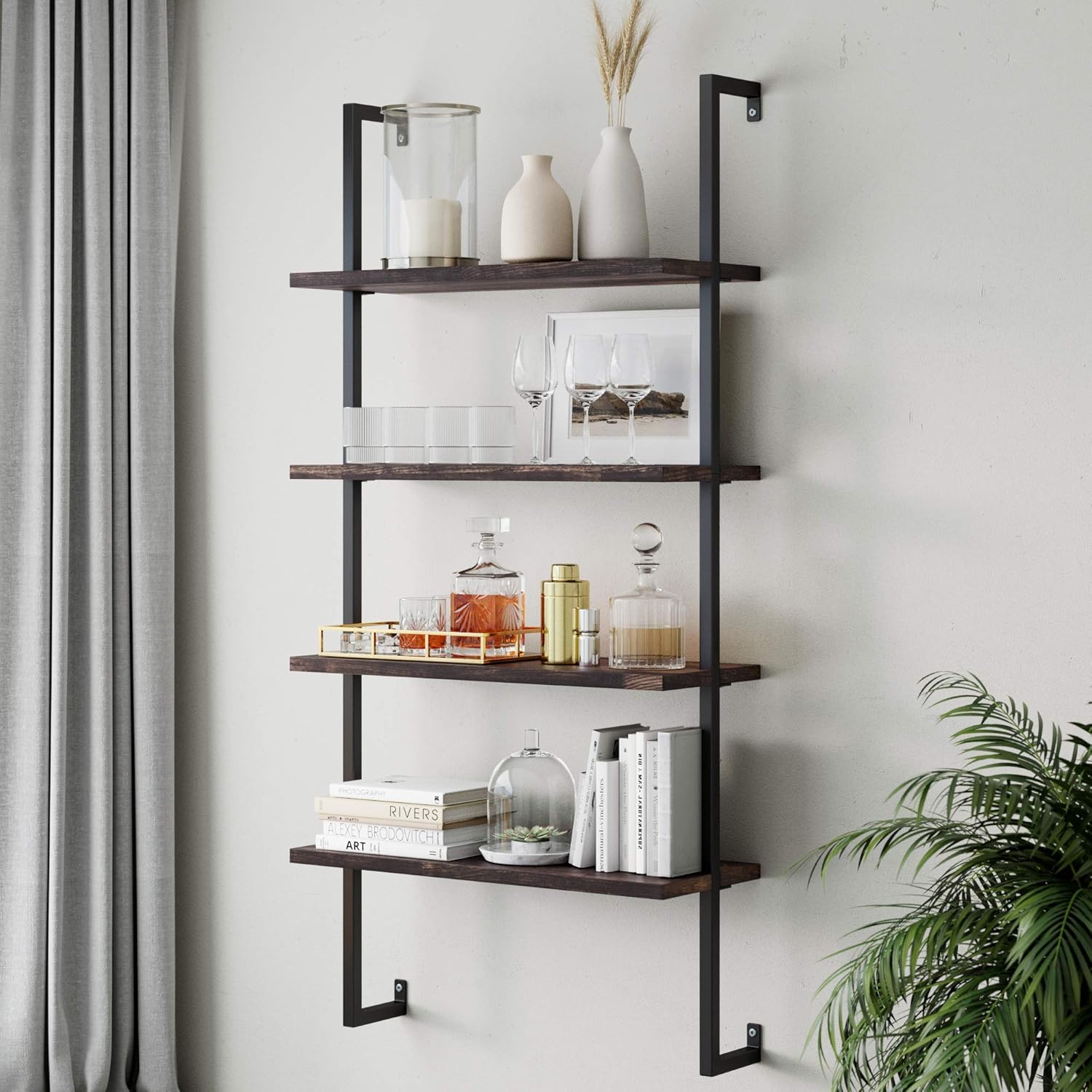 White/Gold 5-Shelf Ladder Bookcase with Metal Frame C655