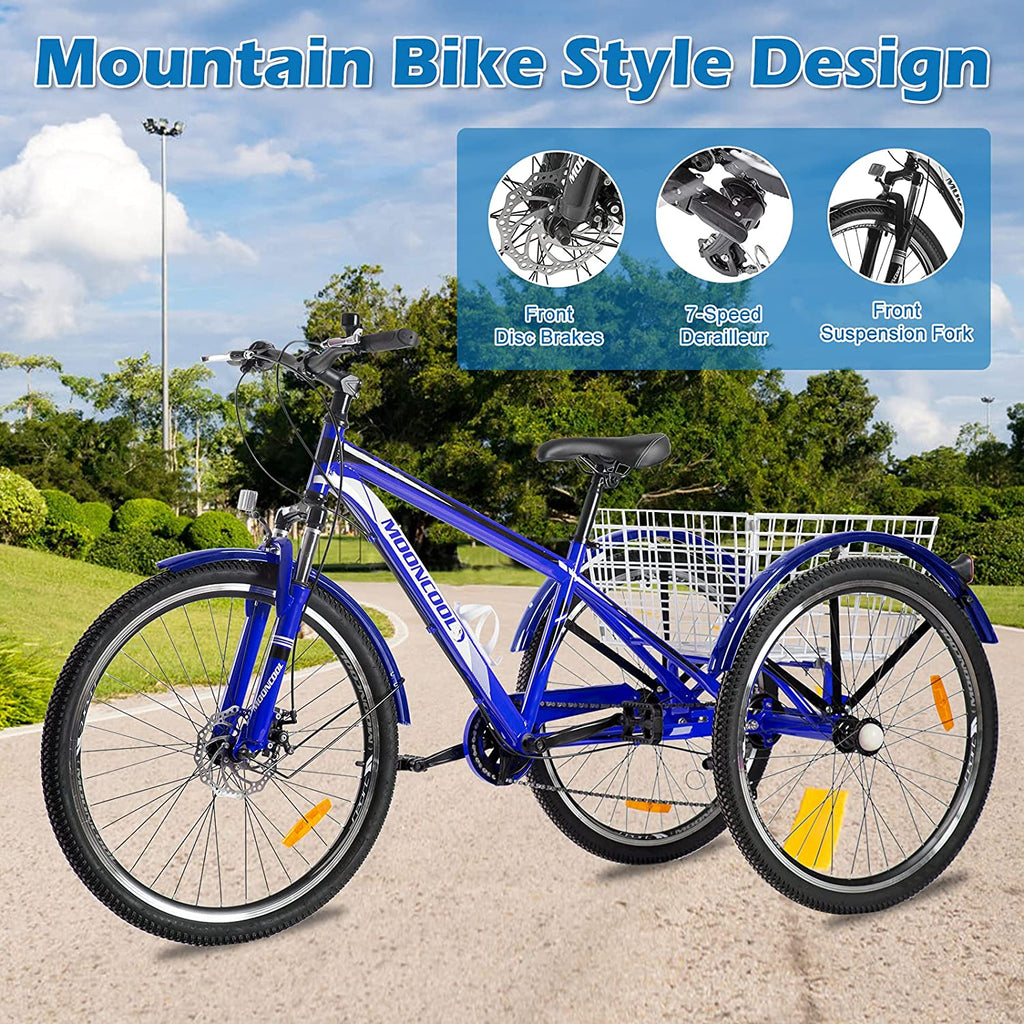 Adult Mountain Tricycle, 7 Speed Three Wheel Bike, 24/26/27.5 inch, 420 lbs Y89923