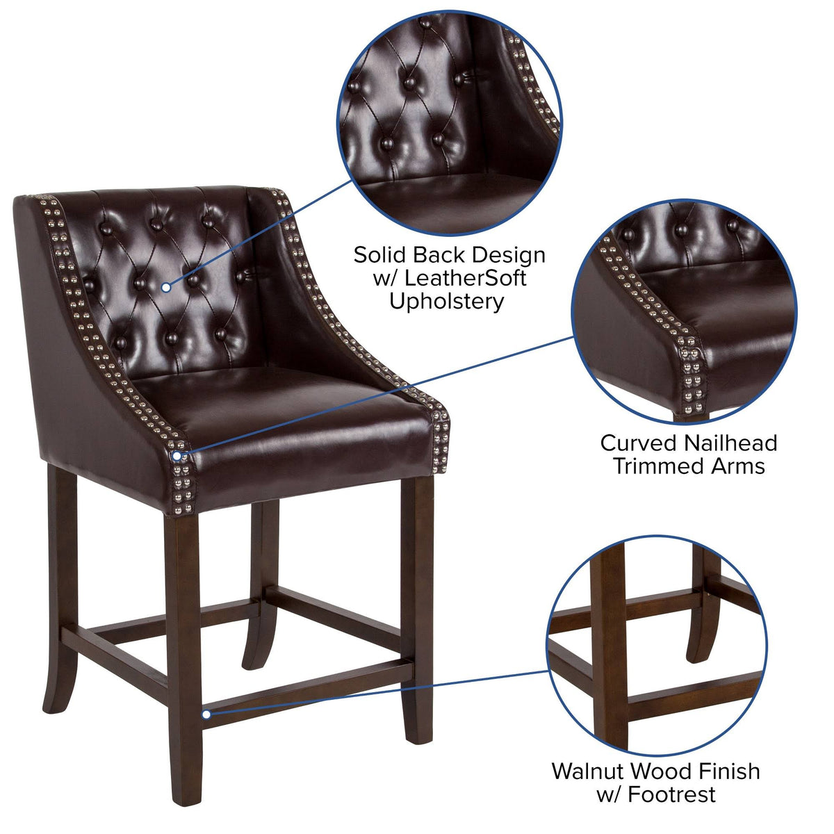 Tufted Walnut Counter Height Stool in Brown LeatherSoft M995696
