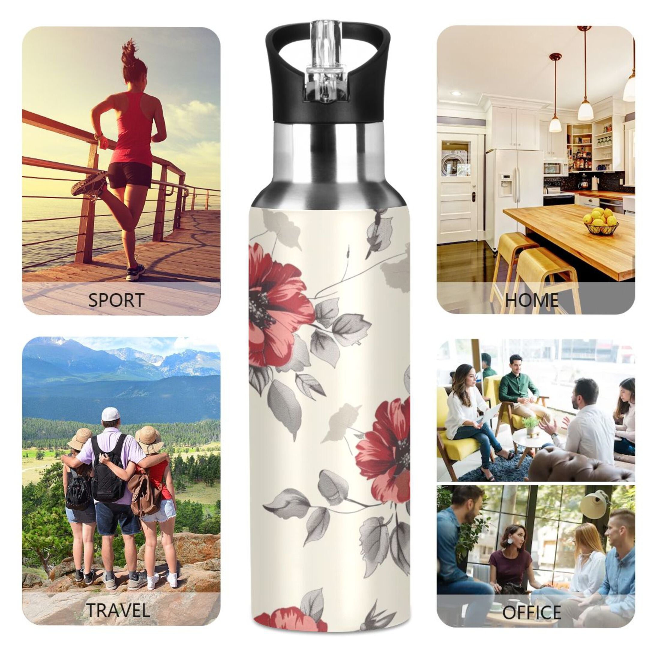 Retro Flowers Insulated Stainless Steel Water Bottle with Straw Lid 20 oz N67311
