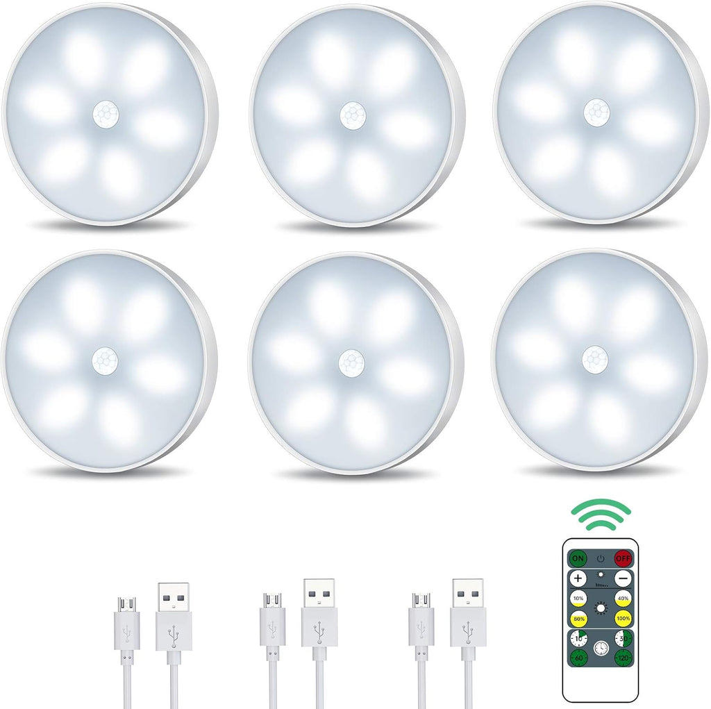 6 Pack Wireless Motion Sensor USB Rechargeable LED Puck Light with Remote V62051