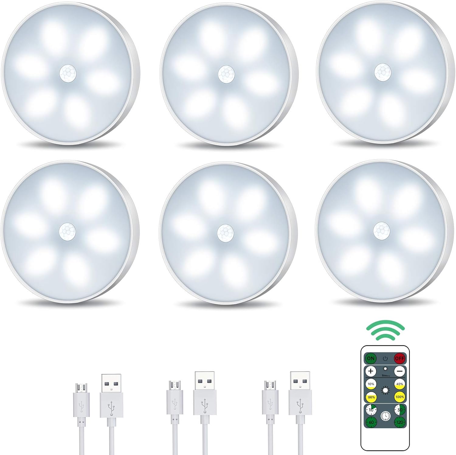 6 Pack Wireless Motion Sensor USB Rechargeable LED Puck Light with Remote V62051