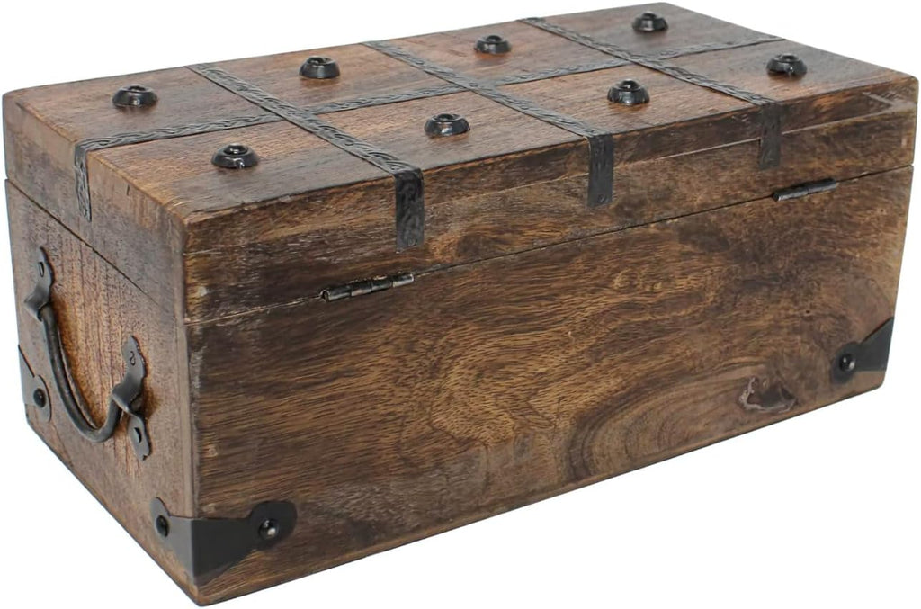Treasure Chest Wooden Box with Antique Iron Lock and Skeleton Key, Medium 12.25 x 6 x 5.5, Pack of 2 I563