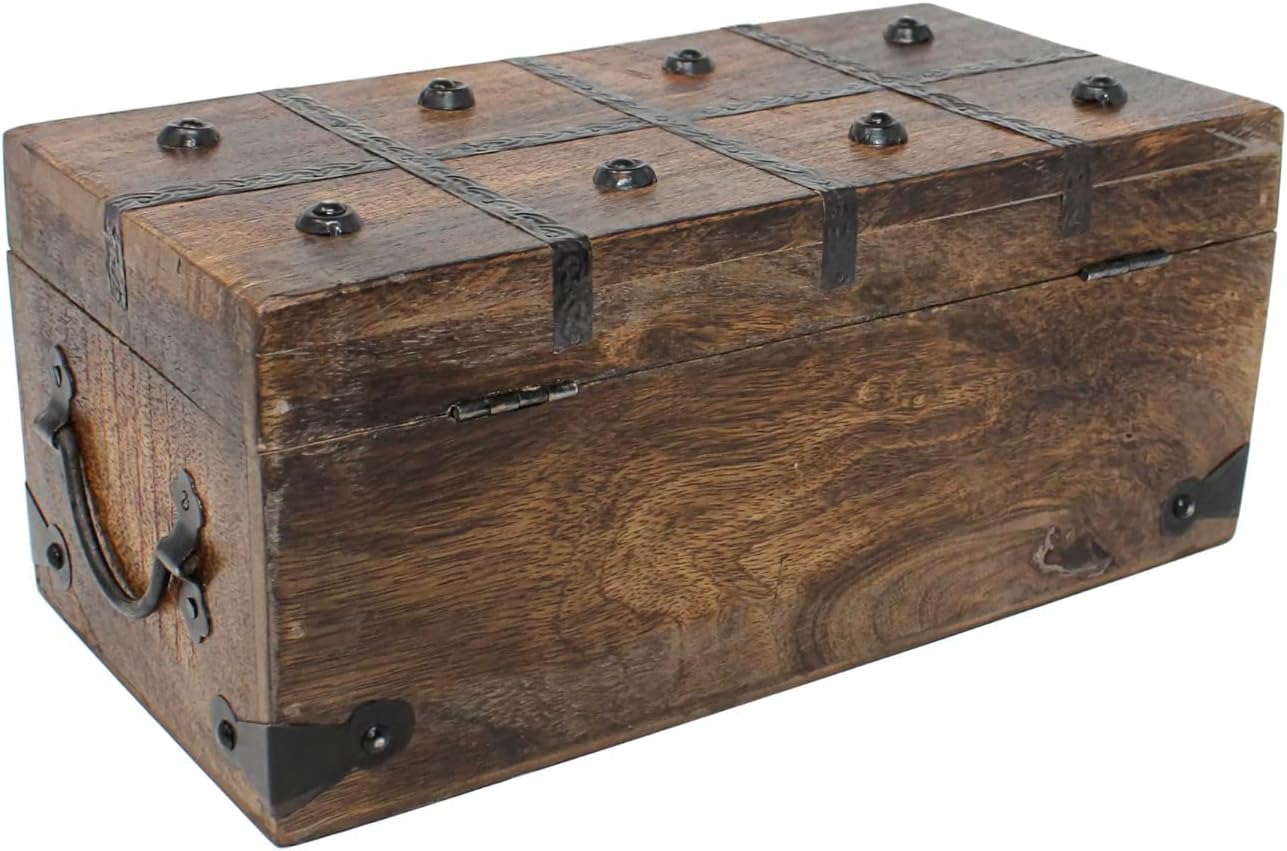 Treasure Chest Wooden Box with Antique Iron Lock and Skeleton Key, Medium 12.25 x 6 x 5.5, Pack of 2 I563