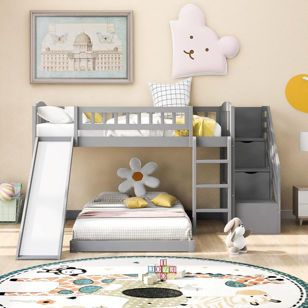 Twin Over Twin Bunk Beds with Slide and Staircase (White) X32468