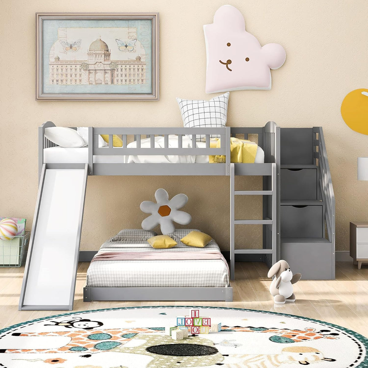 Twin Over Twin Bunk Beds with Slide and Staircase (White) X32468