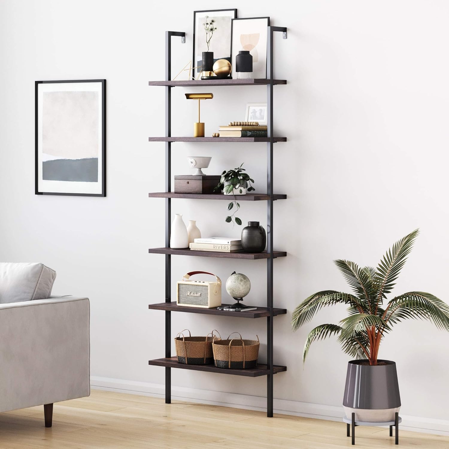 White/Gold 5-Shelf Ladder Bookcase with Metal Frame C655