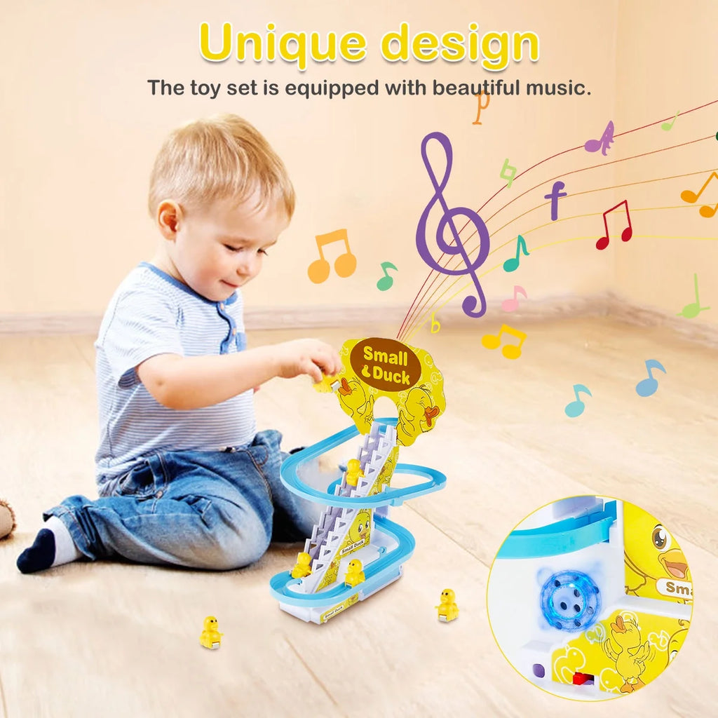 Slide Toy Set with Lights and Music Stair-Climbing Ducklings Track Set Automatic Duck Roller Coaster Toy Electric Duck Escalator Toy with 9pcs Duck Toy G360