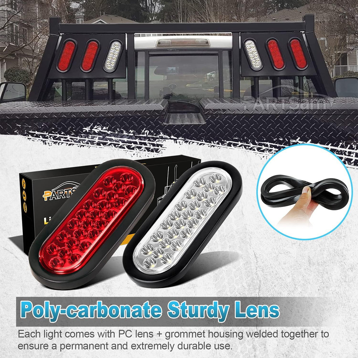 2xRed + 2xWhite 6 LED Oval Stop Turn Tail Lights Brake Backup Reverse Light Kit Waterproof 12V Sealed 6 Inch Oval LED Trailer Tail Lights Grommet Mount Pack of 2 A909