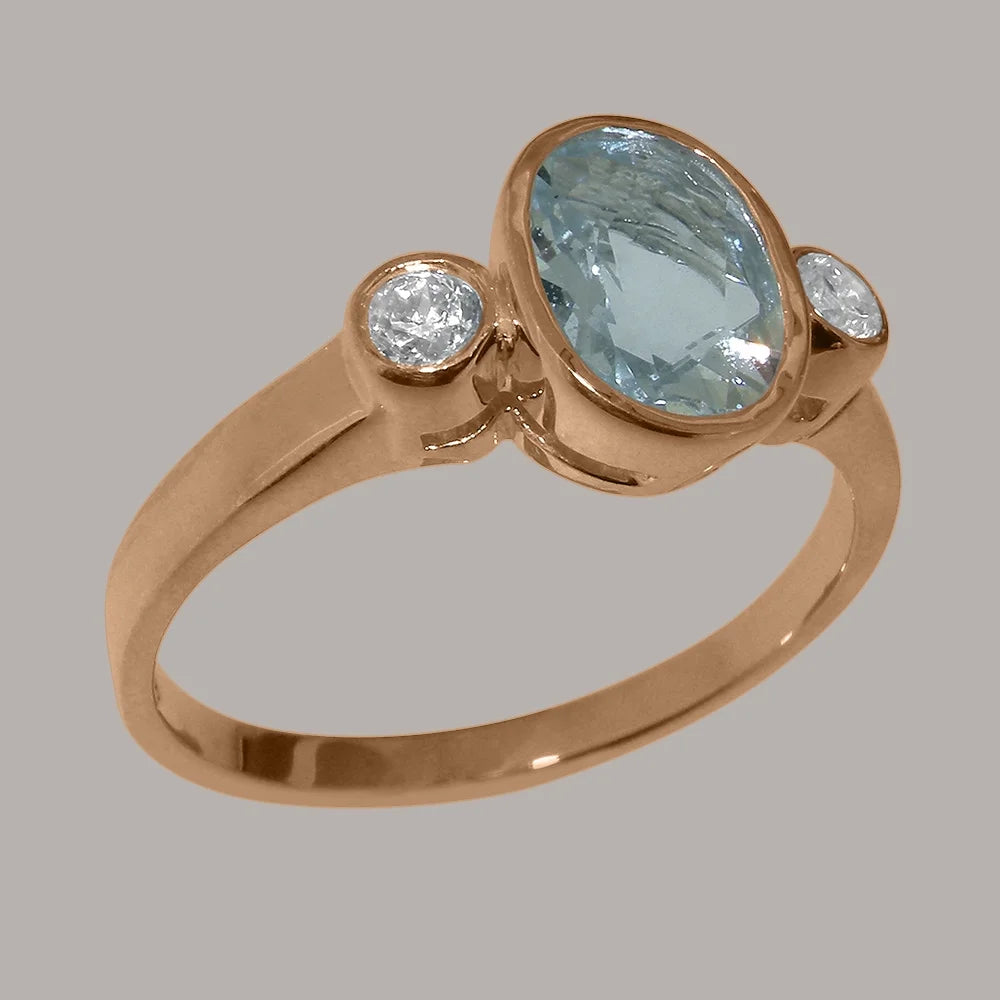 9k Rose Gold Genuine Natural Aquamarine & Diamond Womens Statement Ring F253
