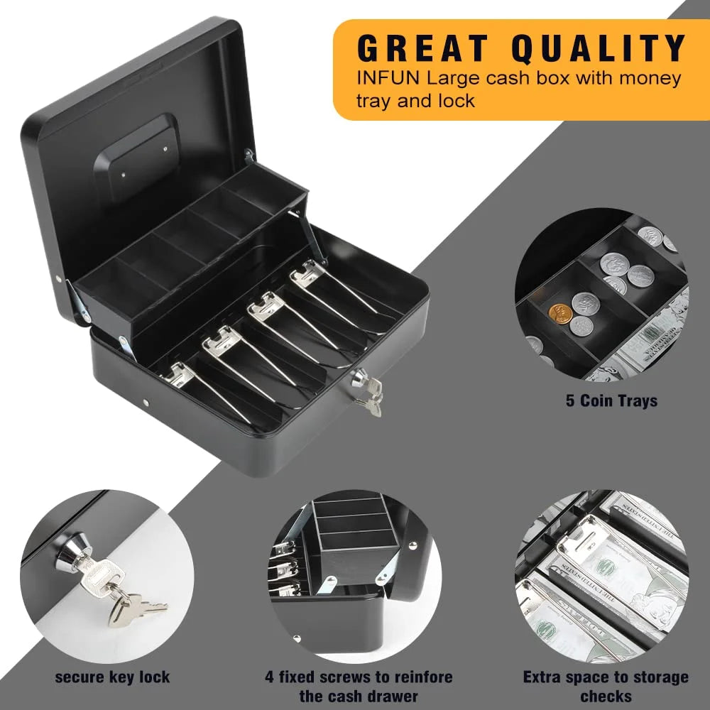 Metal Cash Box with Key Lock, 4 Bill / 5 Coin Slots, Matte Black Q3446