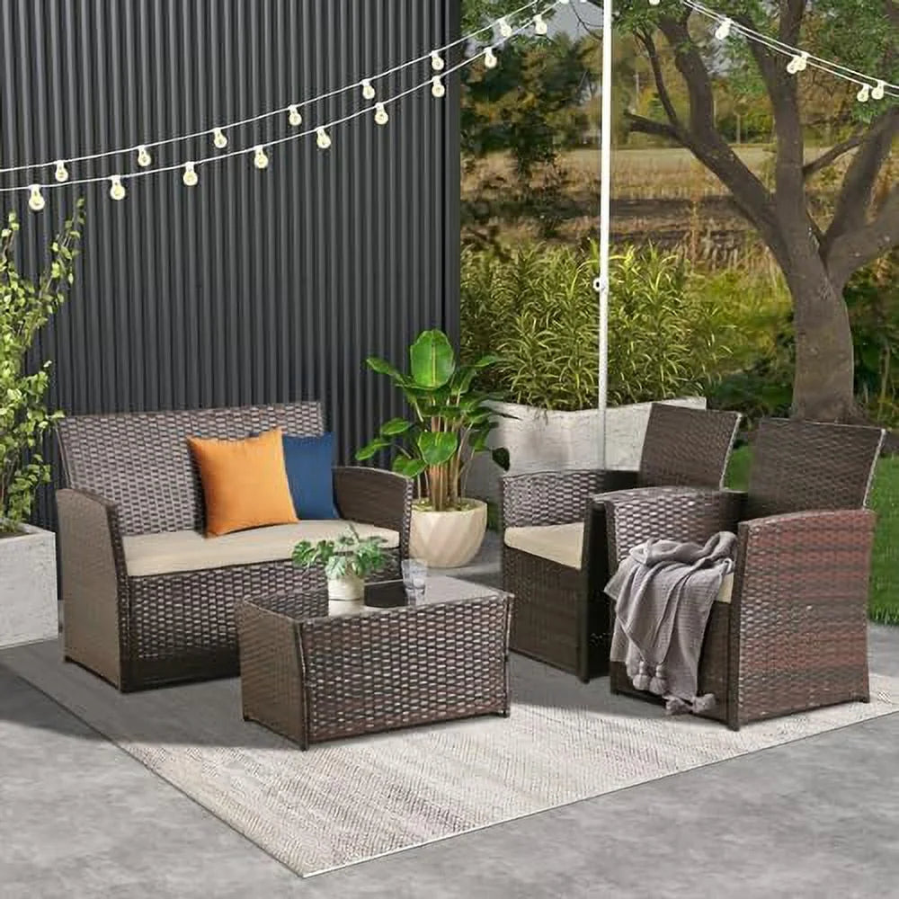 4 Pieces Sectional Sofa Set with Table and Loveseat, Brown Wicker H107