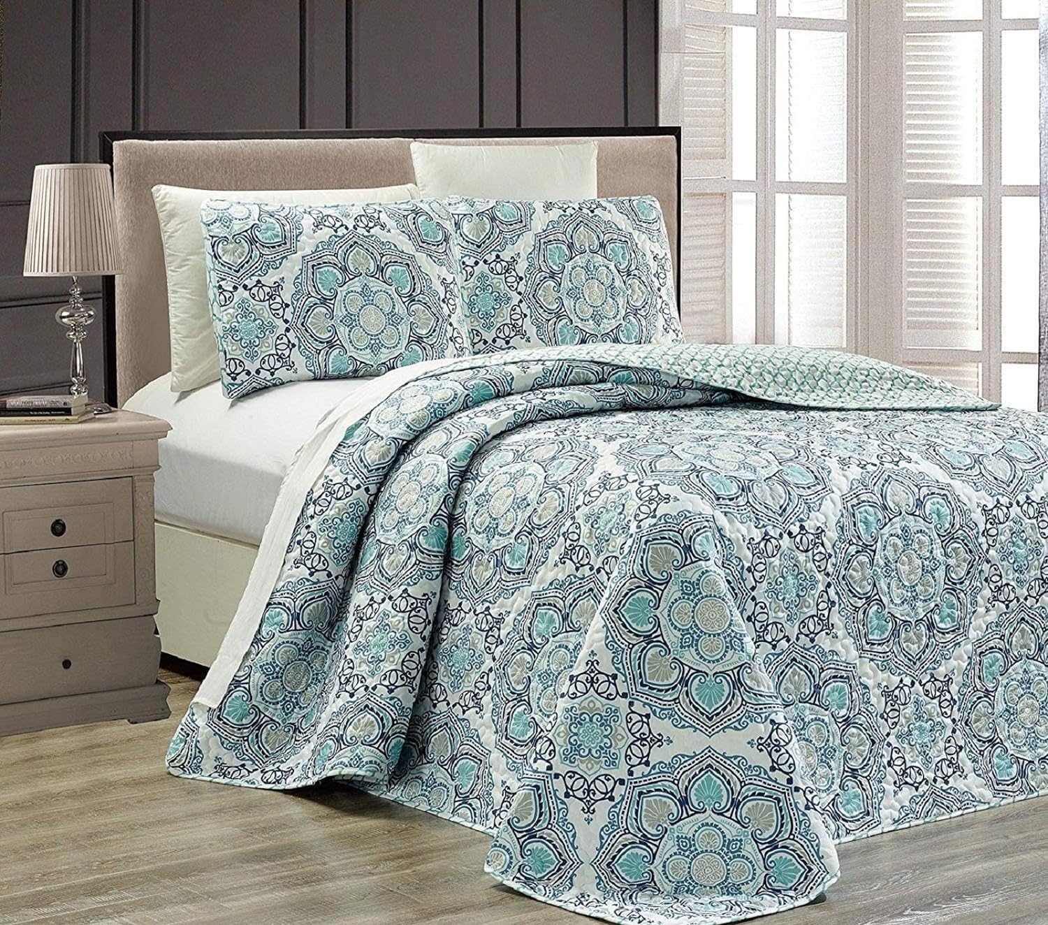 King/California King 3pc Reversible Oversized Bedspread Set Navy Blue White Teal Aqua Taupe E422295