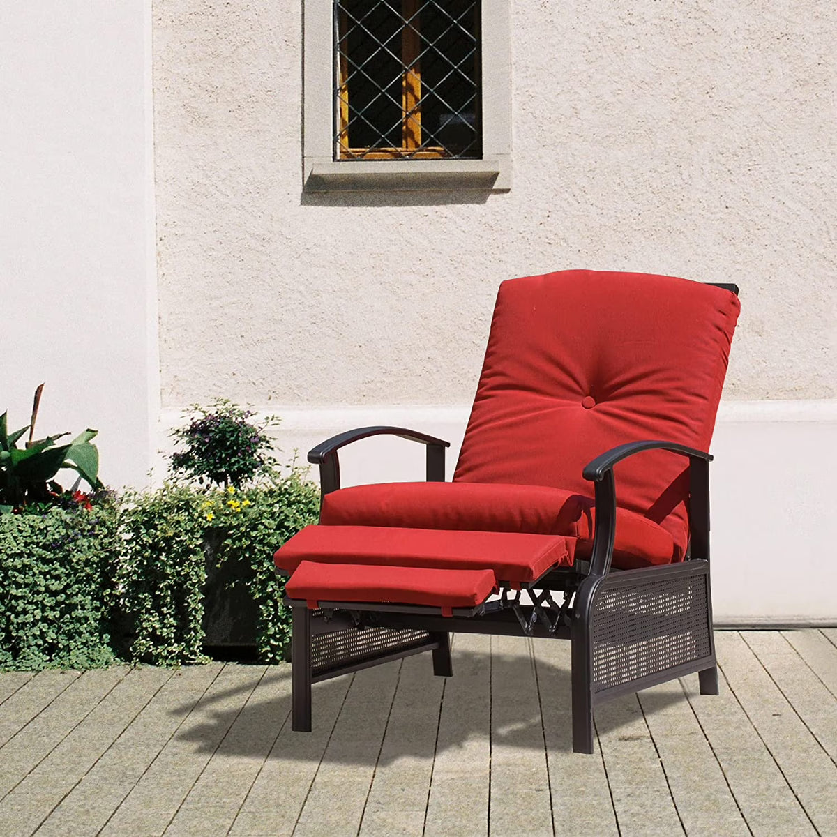 Adjustable Patio Recliner Chair Metal with Removable Cushions (Red) K531