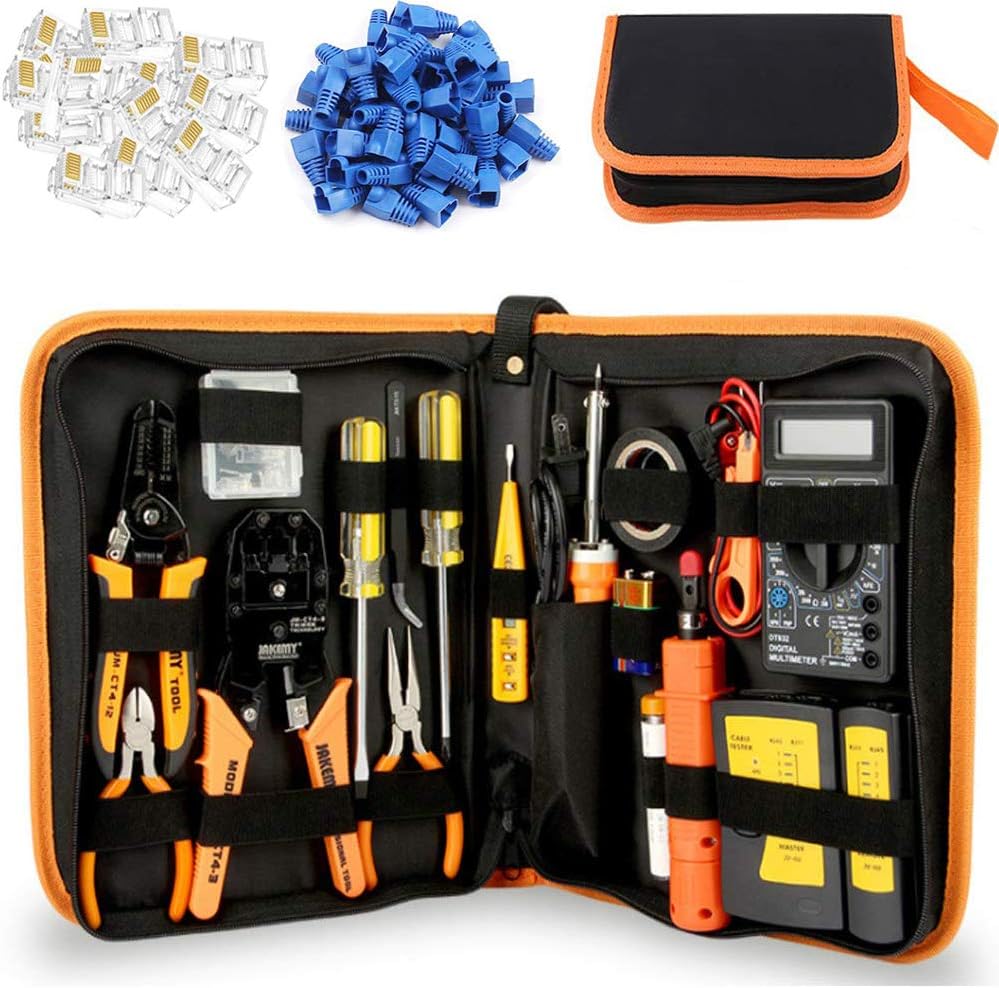RJ45 Crimper Cat5/Cat5e/Cat6 Tool Set with 50PCS Connectors, 50PCS Covers Network Wire Stripper Kit (Dark) Pack of 2 V90727