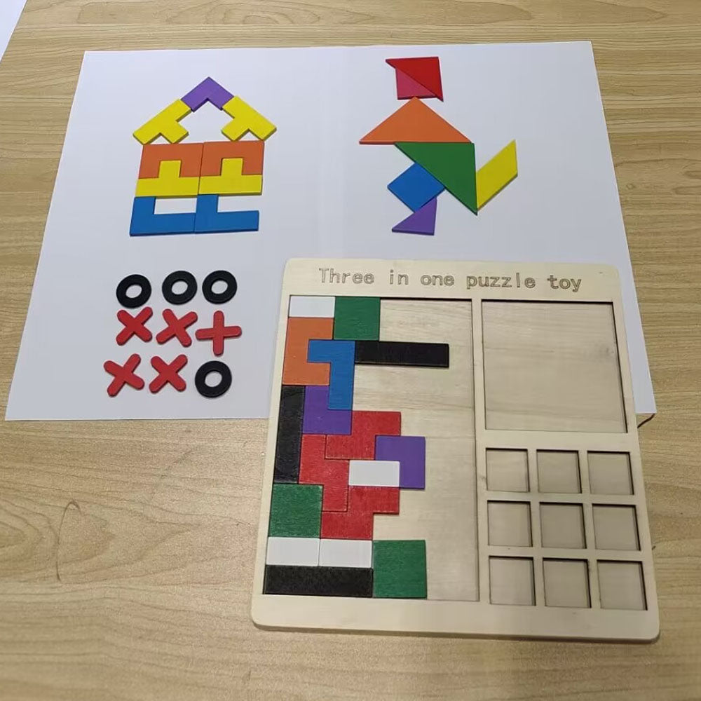 Wooden Blocks Puzzle Brain Teasers Toy, Tic Tac Toe Board Game Toy, Tangram Puzzle Toy G42939