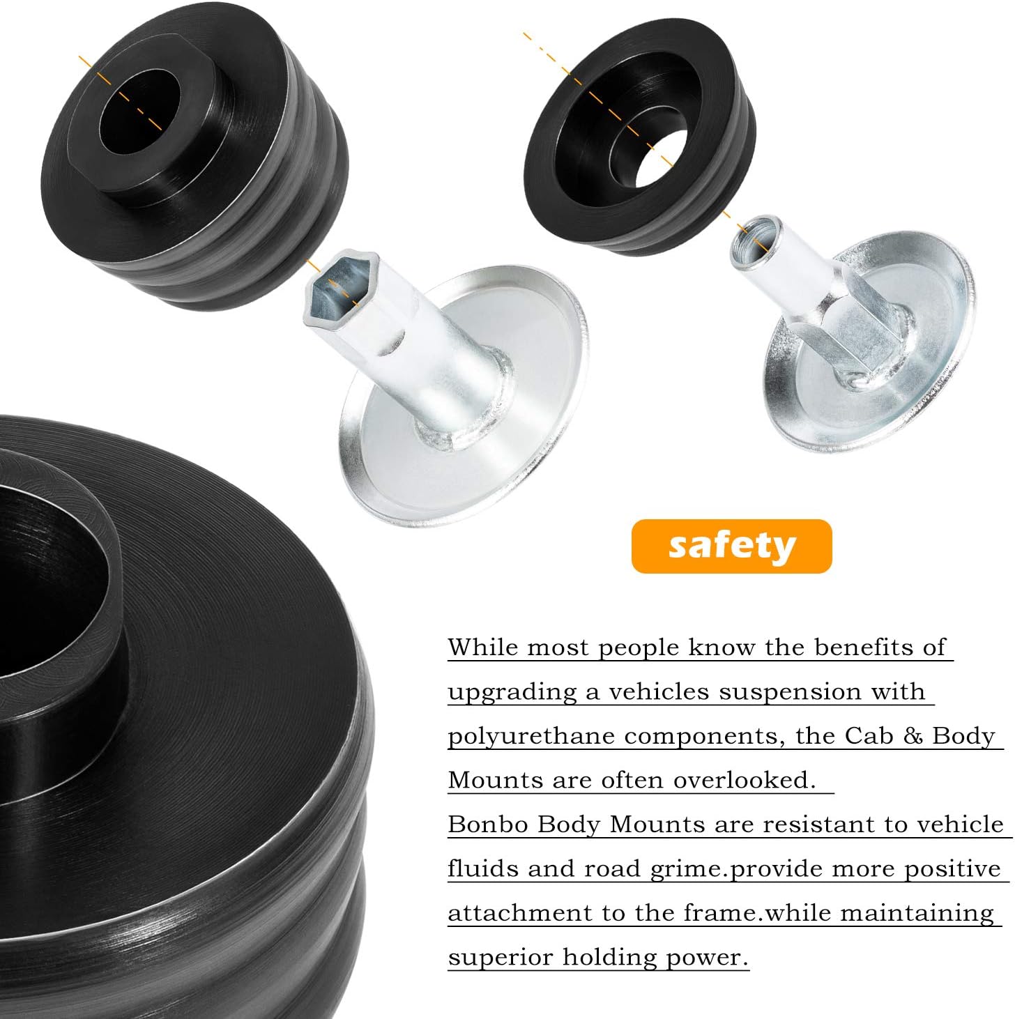 Black Polyurethane Body Mount Bushing Kit with Steel Sleeves & Hardware 60PCS I93802
