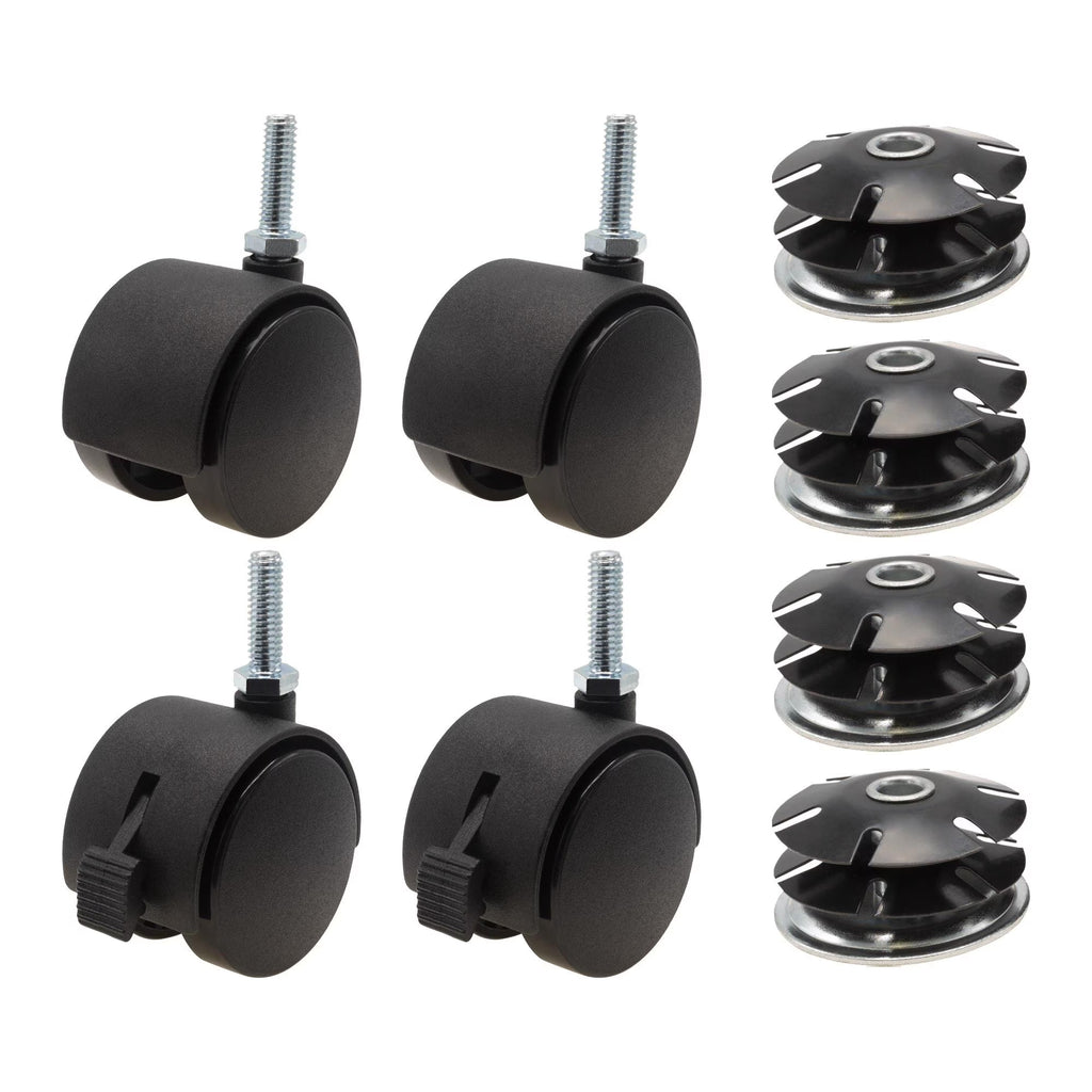 2" Round Metal Double Star Caster Inserts, 5/16-18 x 1" Threaded Stem, 2" Swivel Hooded Twin Casters, Durable Nylon, 2 With Brakes and 2 Without Brakes V273529
