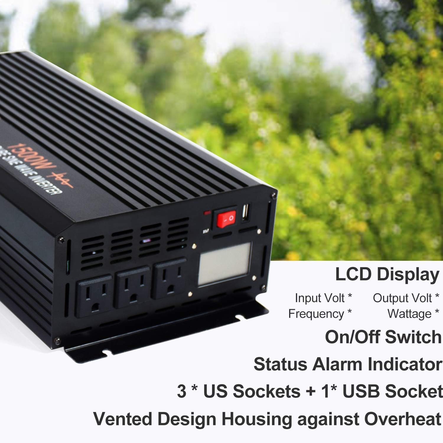 1500 Watt Pure Sine Wave Power Inverter 24V DC to AC 110V 120V with LCD Display and Remote Switch K266