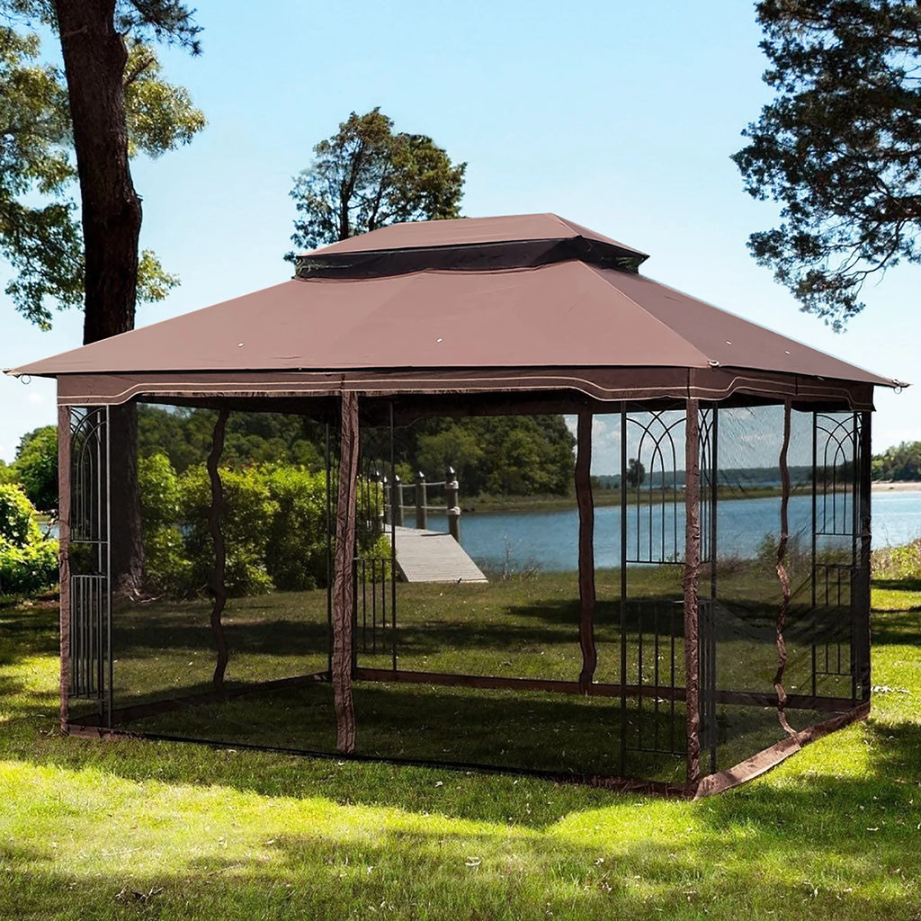 Brown Outdoor Patio Gazebo Canopy Tent with Ventilated Double Roof and Mosquito Net F844