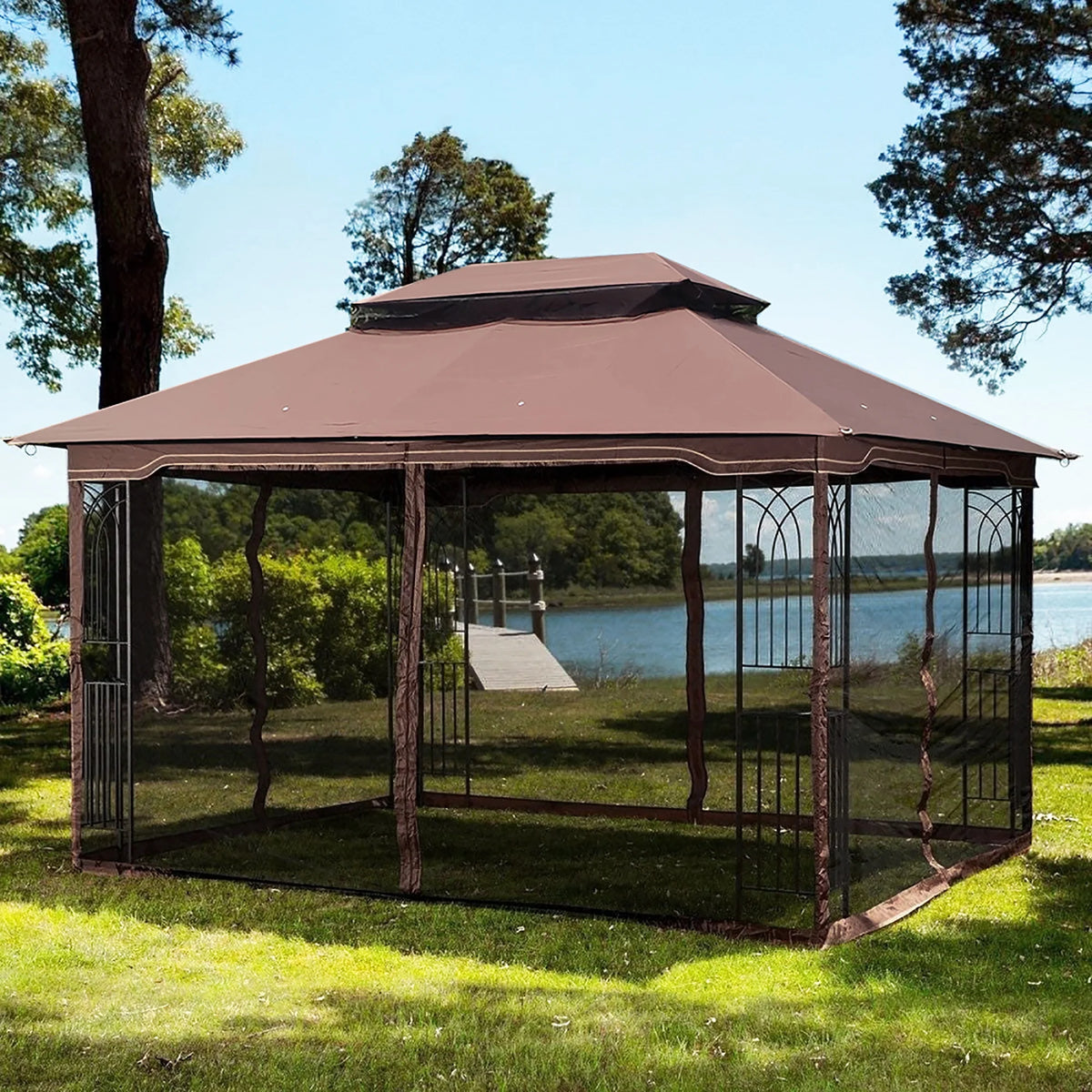 Brown Outdoor Patio Gazebo Canopy Tent with Ventilated Double Roof and Mosquito Net F844