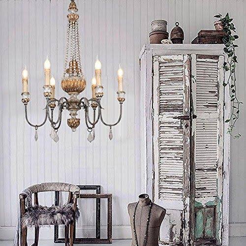 Retro Rustic 6-Light Wood Metal Crystal Chandelier U89907
