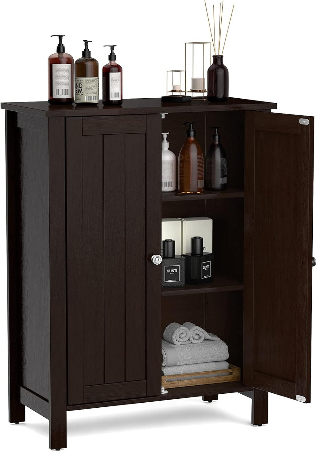 Grey Wooden Bathroom Floor Cabinet with 3-Tier Adjustable Shelf and Double Doors B5294