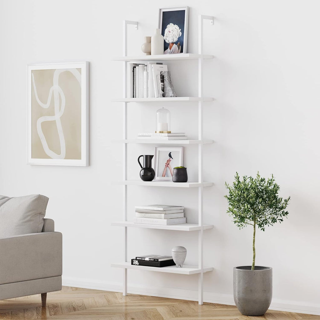White/Gold 5-Shelf Ladder Bookcase with Metal Frame C655