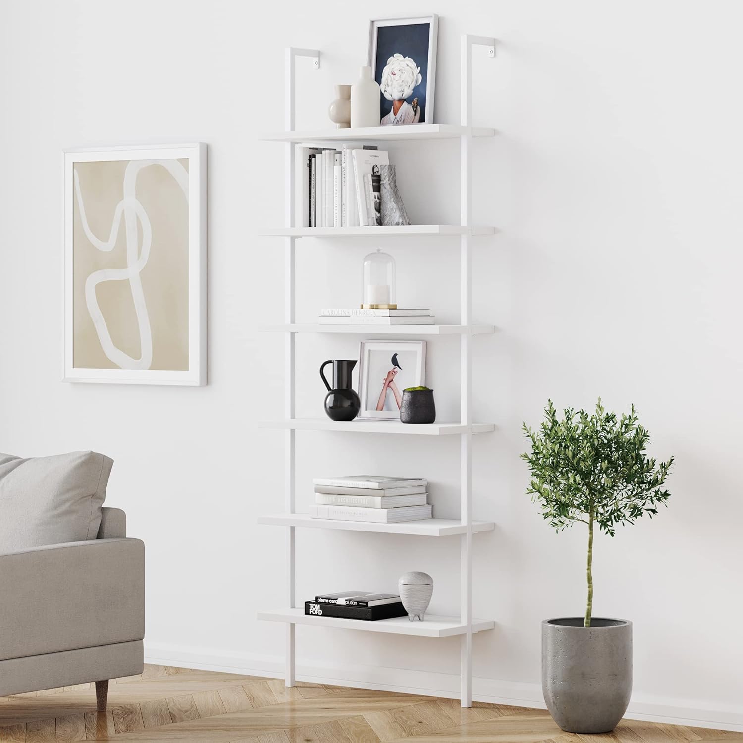 White/Gold 5-Shelf Ladder Bookcase with Metal Frame C655