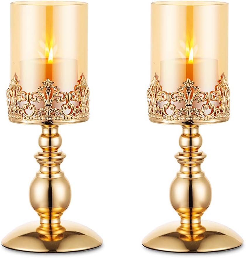 Gold Hurricane Candle Holders with Glass, Set of 2 P907612