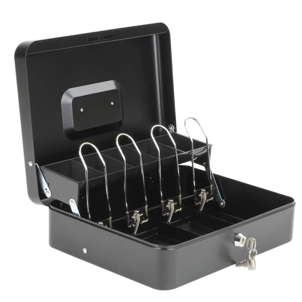 Metal Cash Box with Key Lock, 4 Bill / 5 Coin Slots, Matte Black Q3446