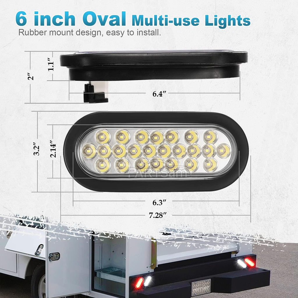 2xRed + 2xWhite 6 LED Oval Stop Turn Tail Lights Brake Backup Reverse Light Kit Waterproof 12V Sealed 6 Inch Oval LED Trailer Tail Lights Grommet Mount Pack of 2 A909