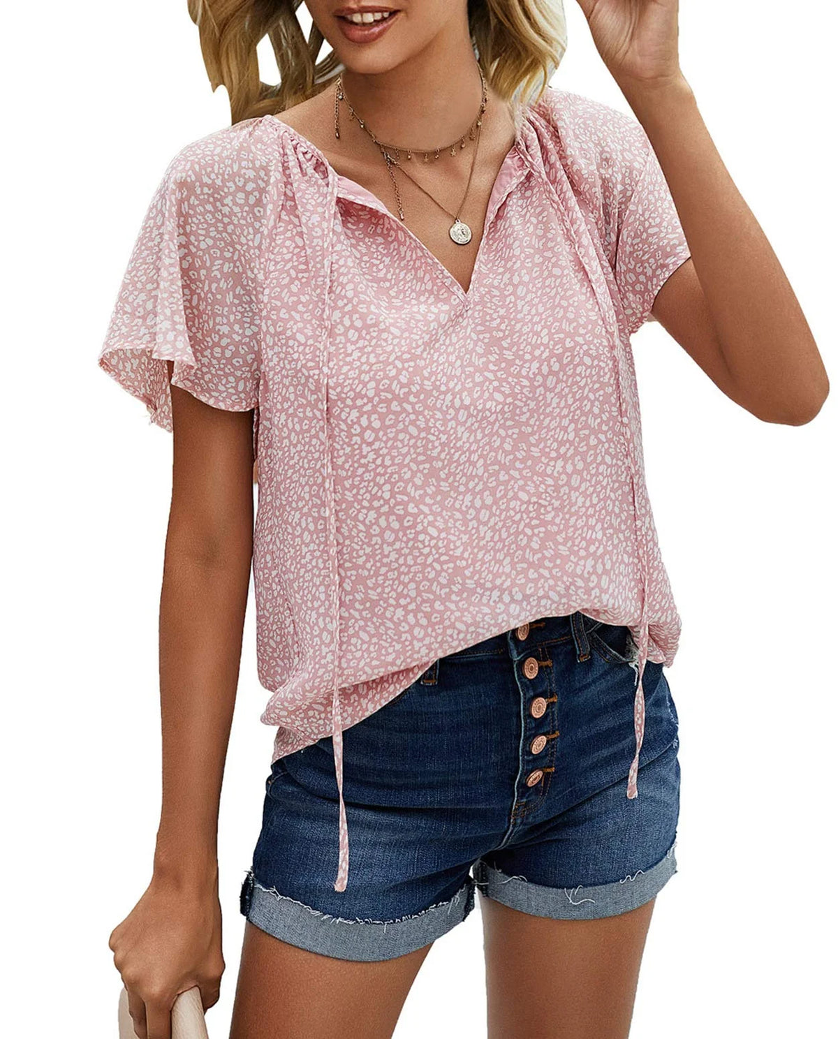 Floral Print V Neck Ruffle Short Sleeve Shirts T977