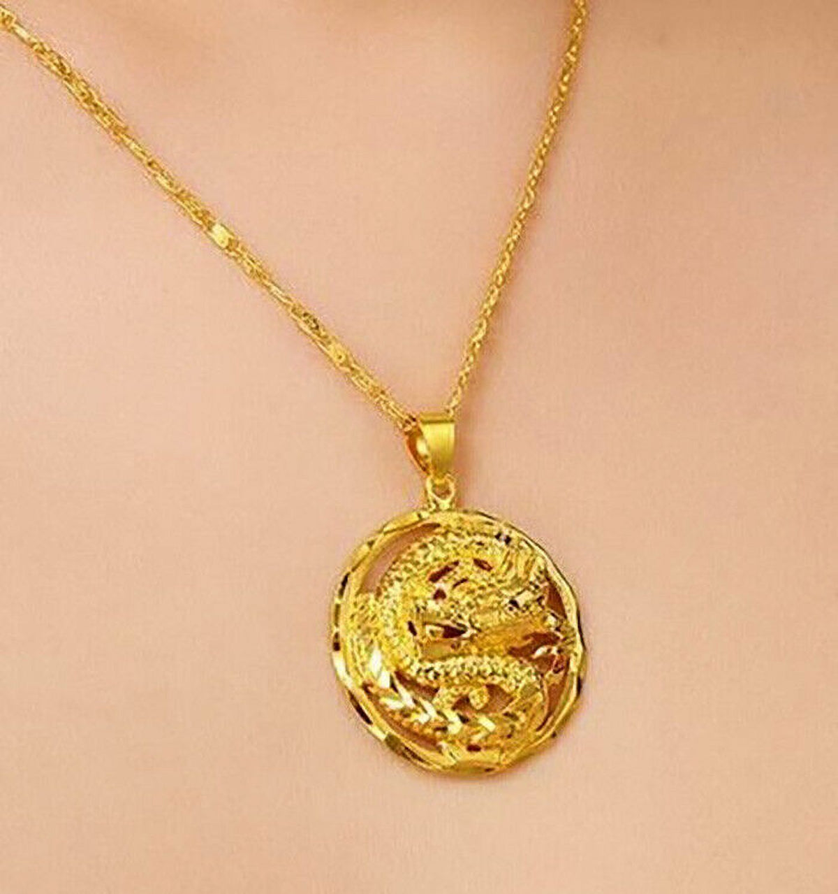 18k Yellow Gold Filled Over Silver 24" Dragon Pendant Necklace Z173